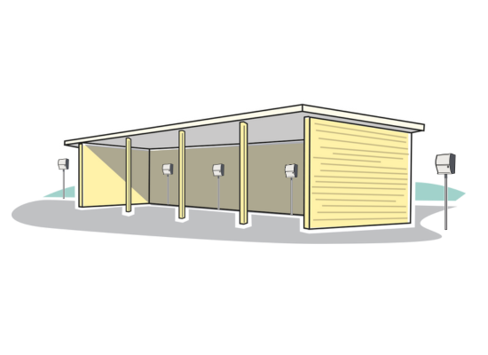Parkering skärmtak med motorvärmarstolpar