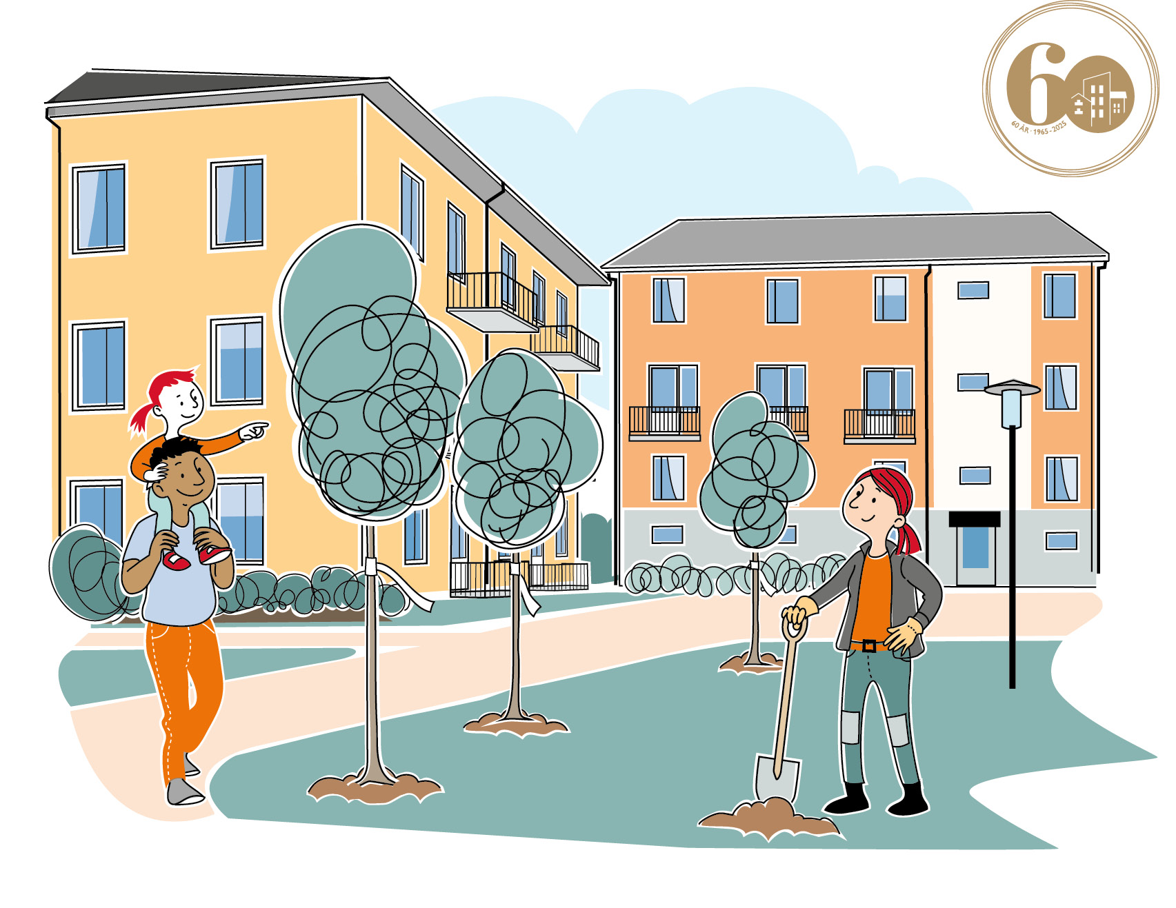 Illustration av en gård med personer vid ett hyreshus 