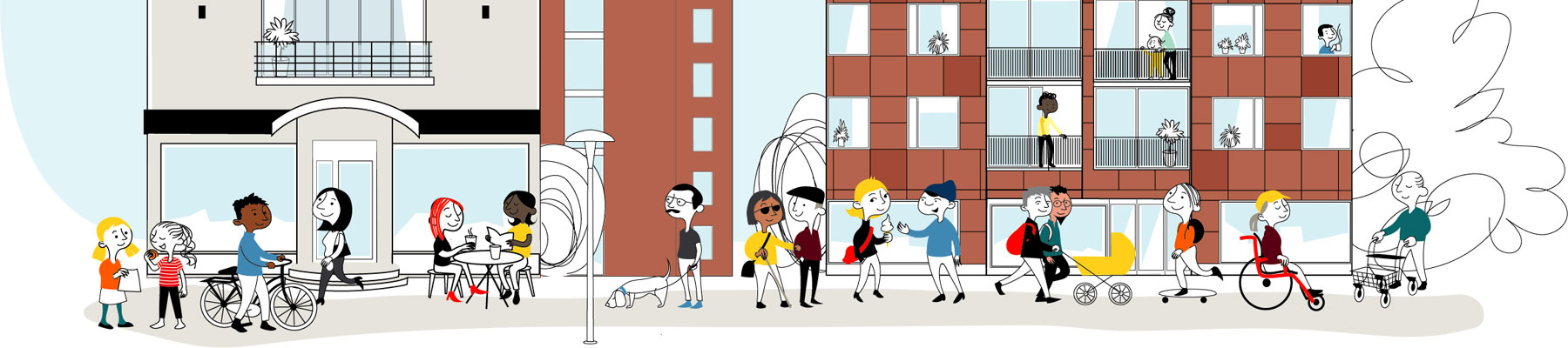 Illustrationsbild med hus och människor