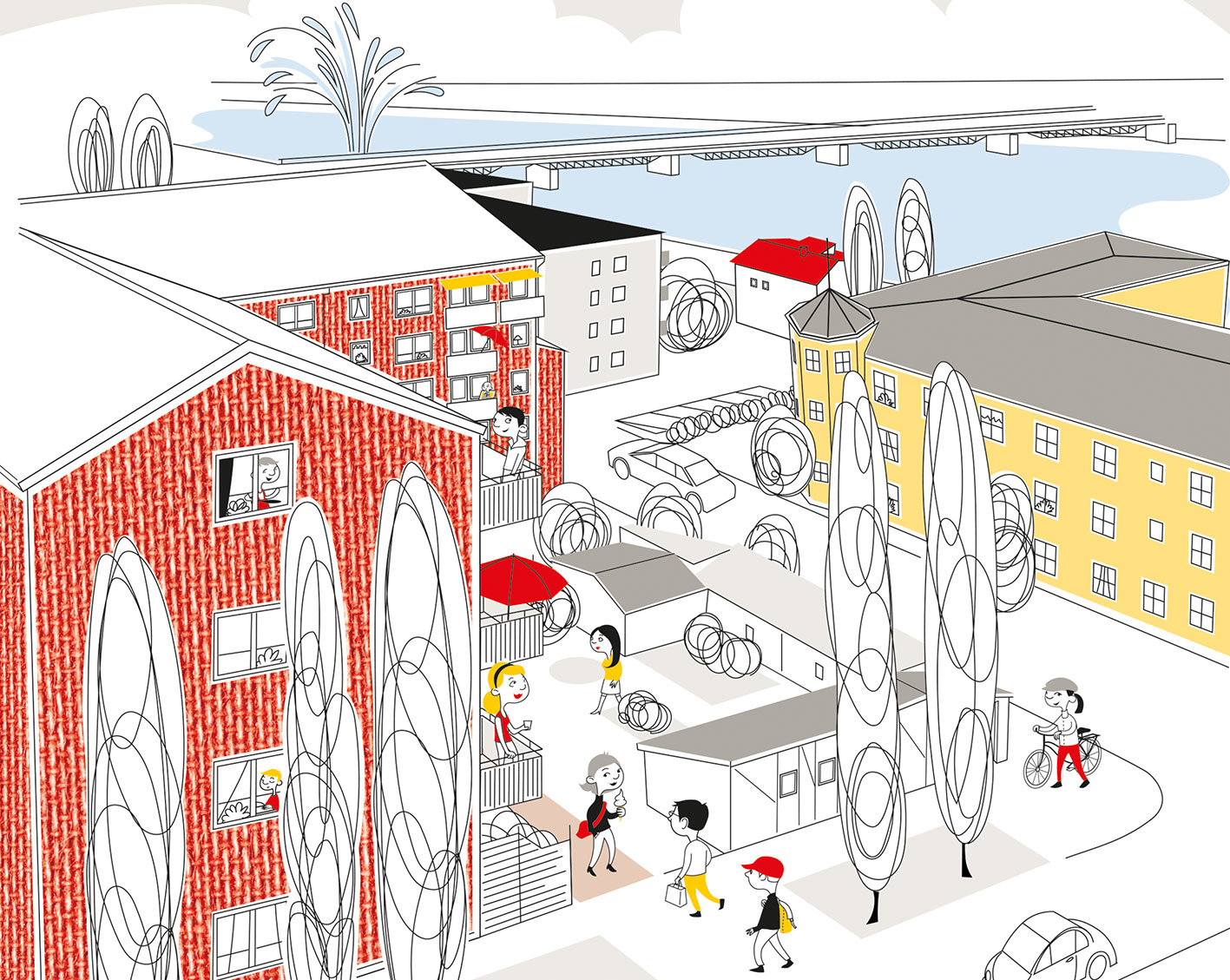 Illustrationsbild med hus och människor